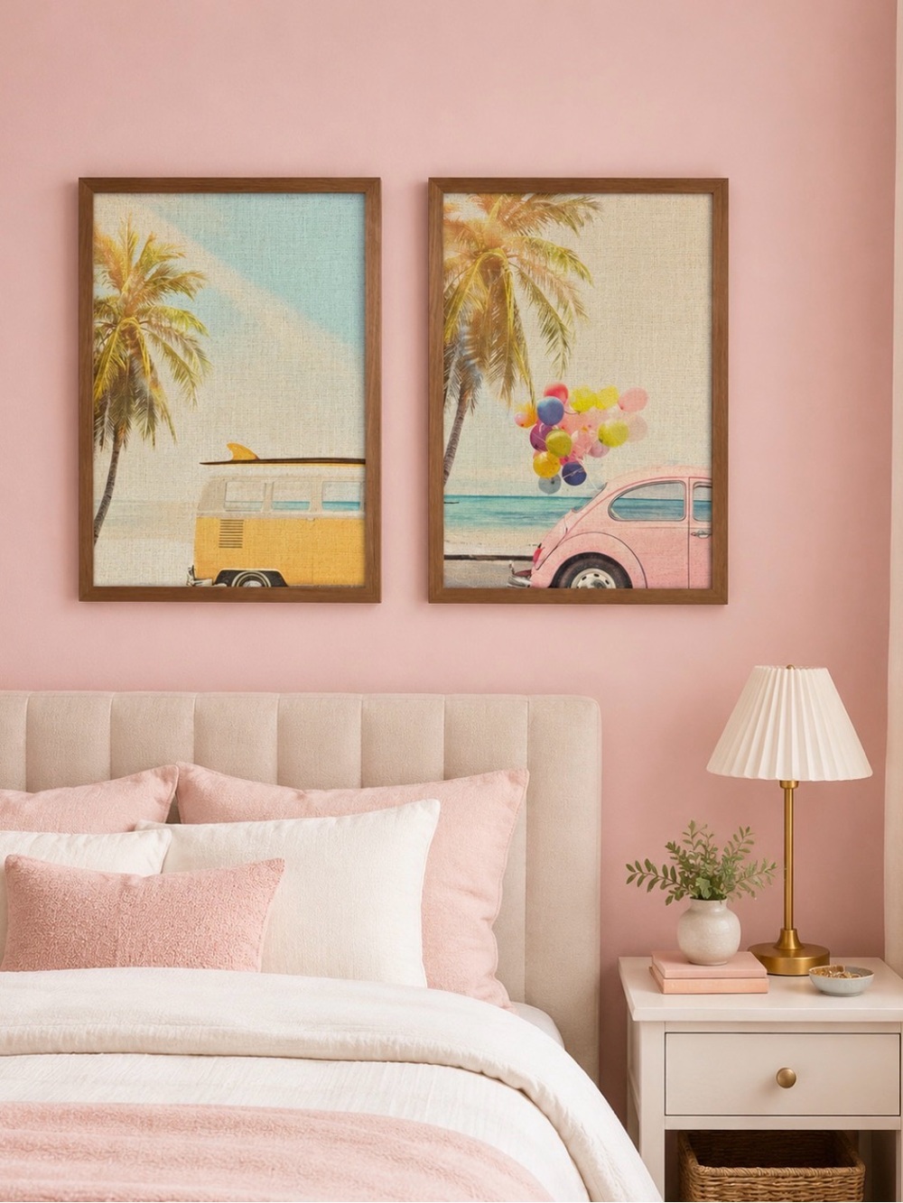 Source Unknown Pink Coastal Vintage Van Pair Wall Art